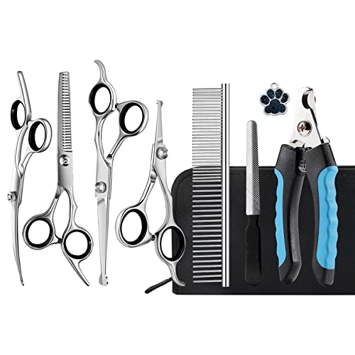 Gourami Professional Grooming Scissors transform your pet's look with - 7.5" Steel Kit with 7 Trimmers for Dogs and Cats - Curved, Cutting, Thinning Shears and Comb Included